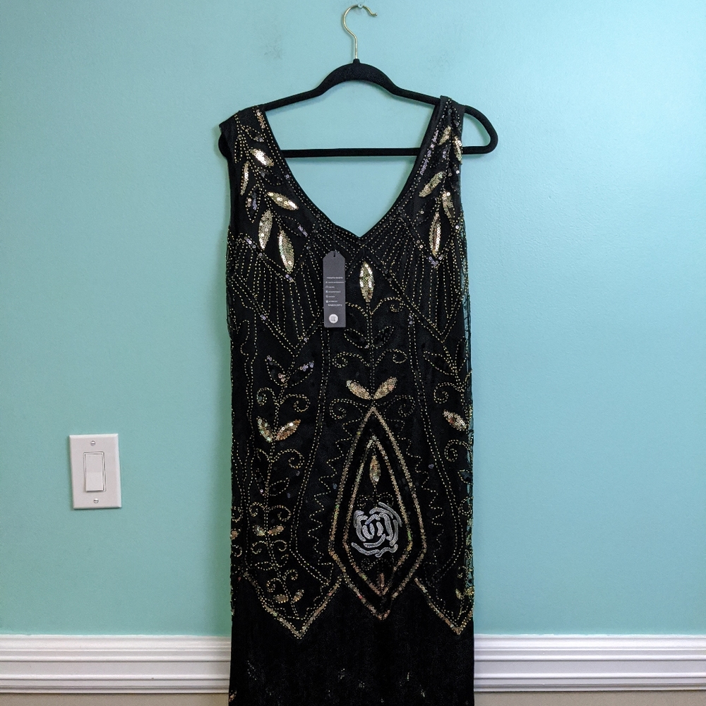 Jaos Wish Black Flapper Dress with Gold Sequins XXXL With Accessories - Picture 7 of 8